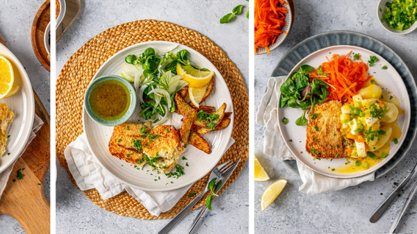 Collage av tre retter med fiskegrateng.