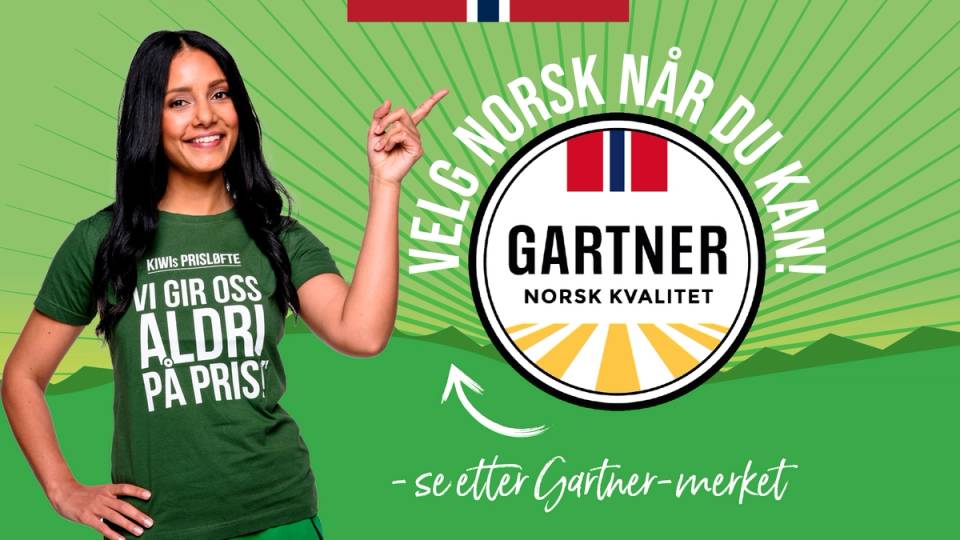 Toppbanner til Gartner grønnsaker hvor en kvinne peker til logoen.