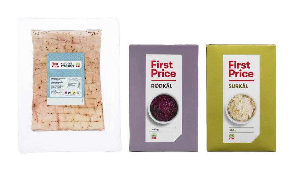Produktbilder av krydret tynnribbe, rødkål og surkål fra First Price.