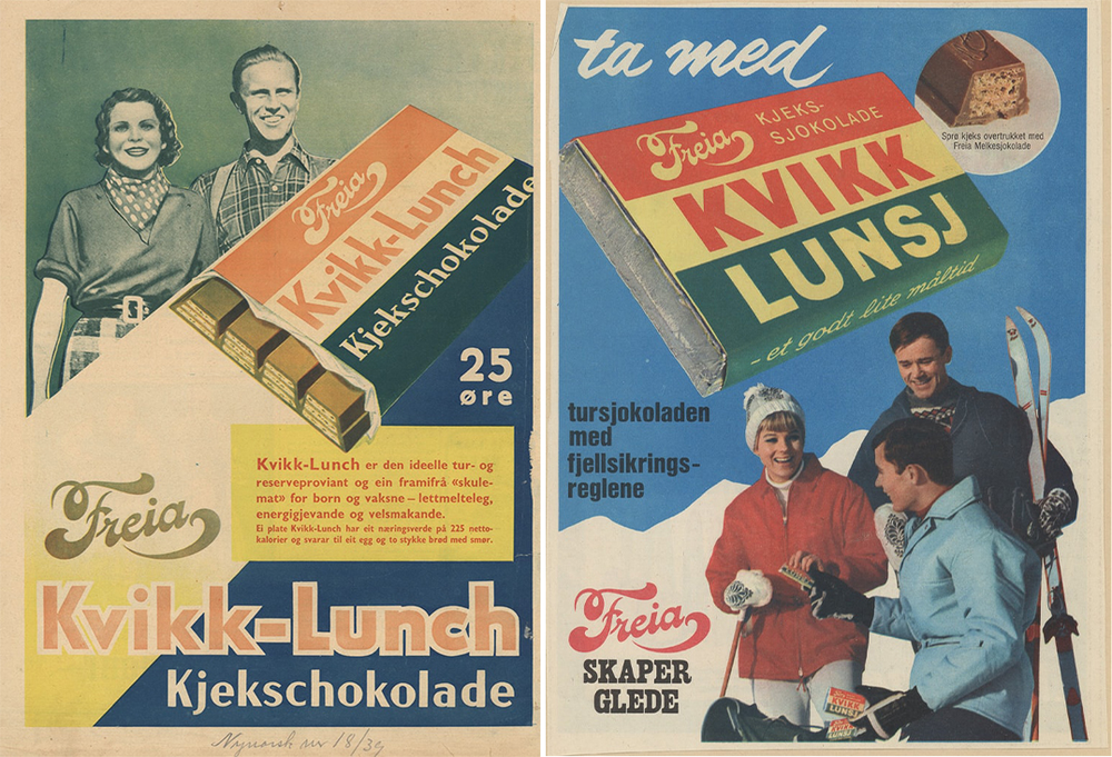 Gamle plakater med Kvikk Lunsj tursjokolade.