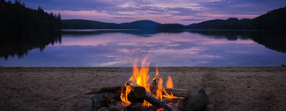 Bål ved vann i skogen.