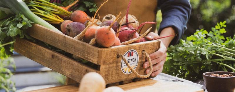 Hender som holder på en kasse full av grønnsaker fra Gartner.