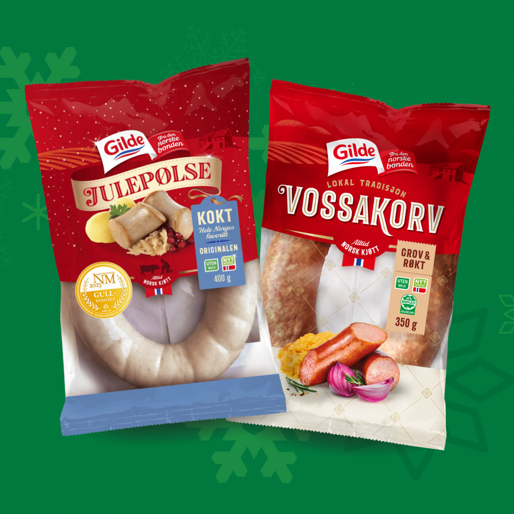 Produktbilder av julepølse og vossakorv på grønn bakgrunn.