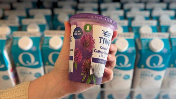 Hånd som holder et beger med TINE Original Cottage Cheese med nøkkelhullmerket.