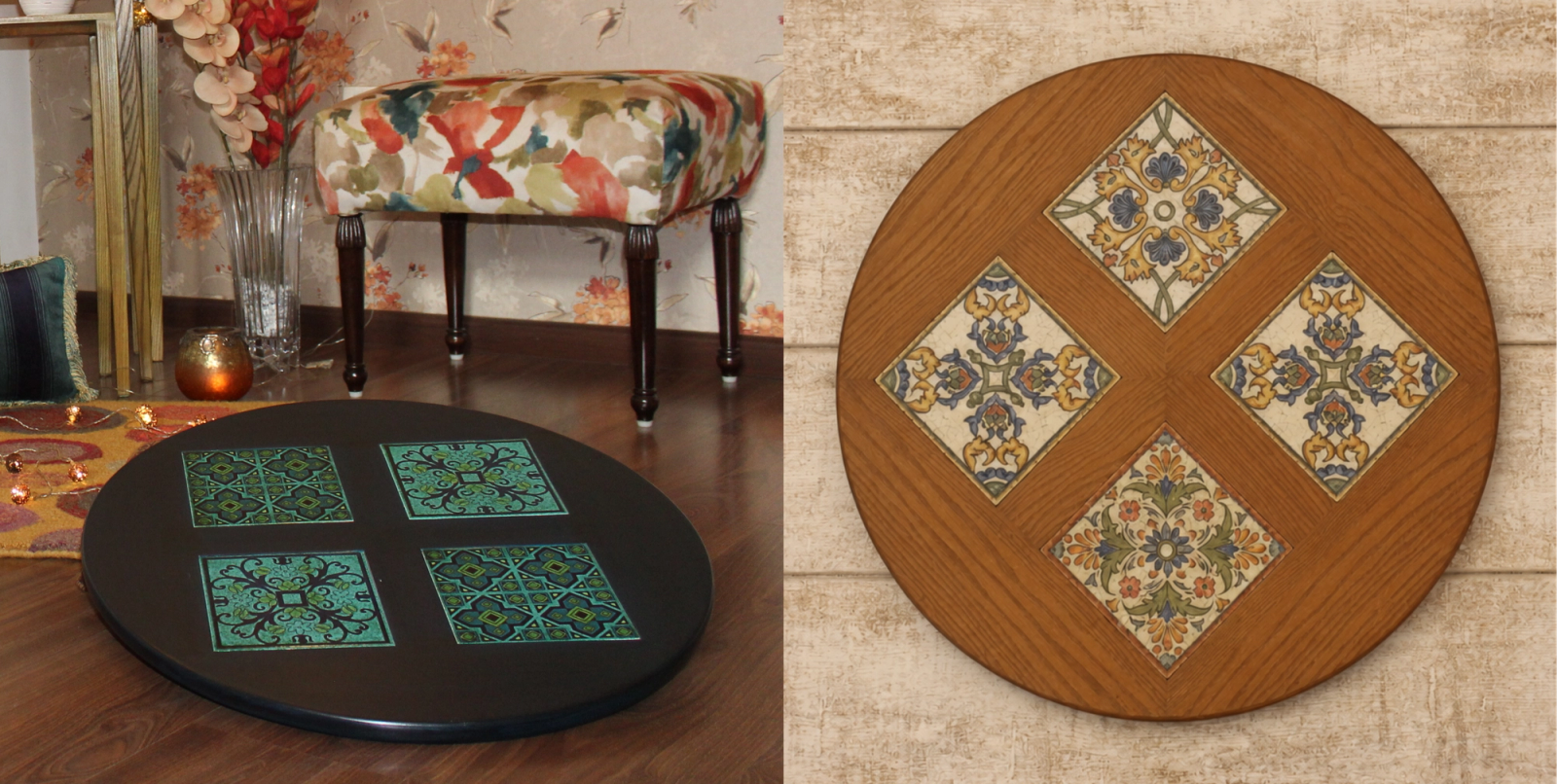 Elegant round coffee tables featuring intricate handcrafted tile inlays and rich wood finishes, blending traditional artistry with contemporary design.