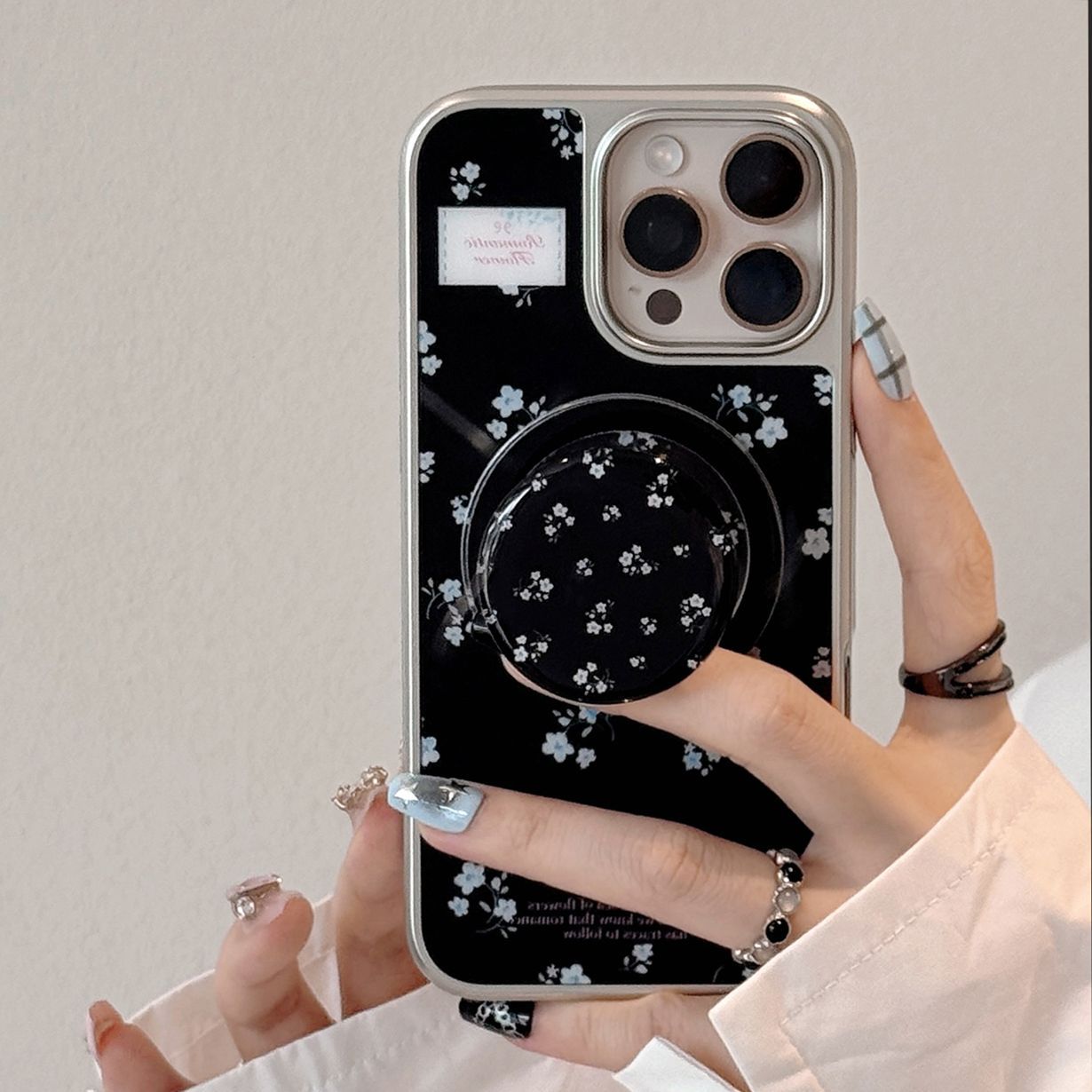 Electroplated Acrylic Silver Edge Magnetic Stand Black Blue Floral iPhone Case