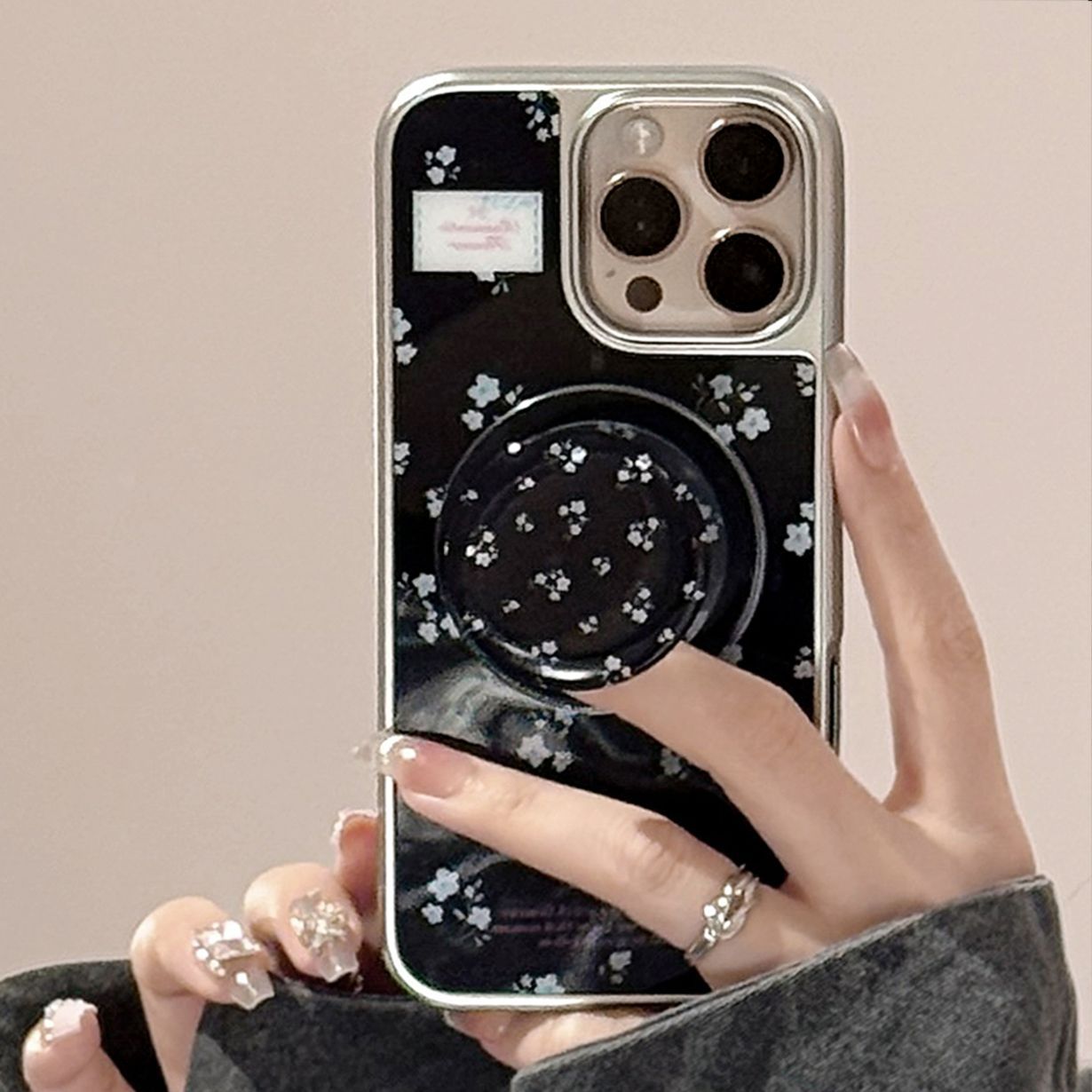 Electroplated Acrylic Silver Edge Magnetic Stand Black Blue Floral iPhone Case