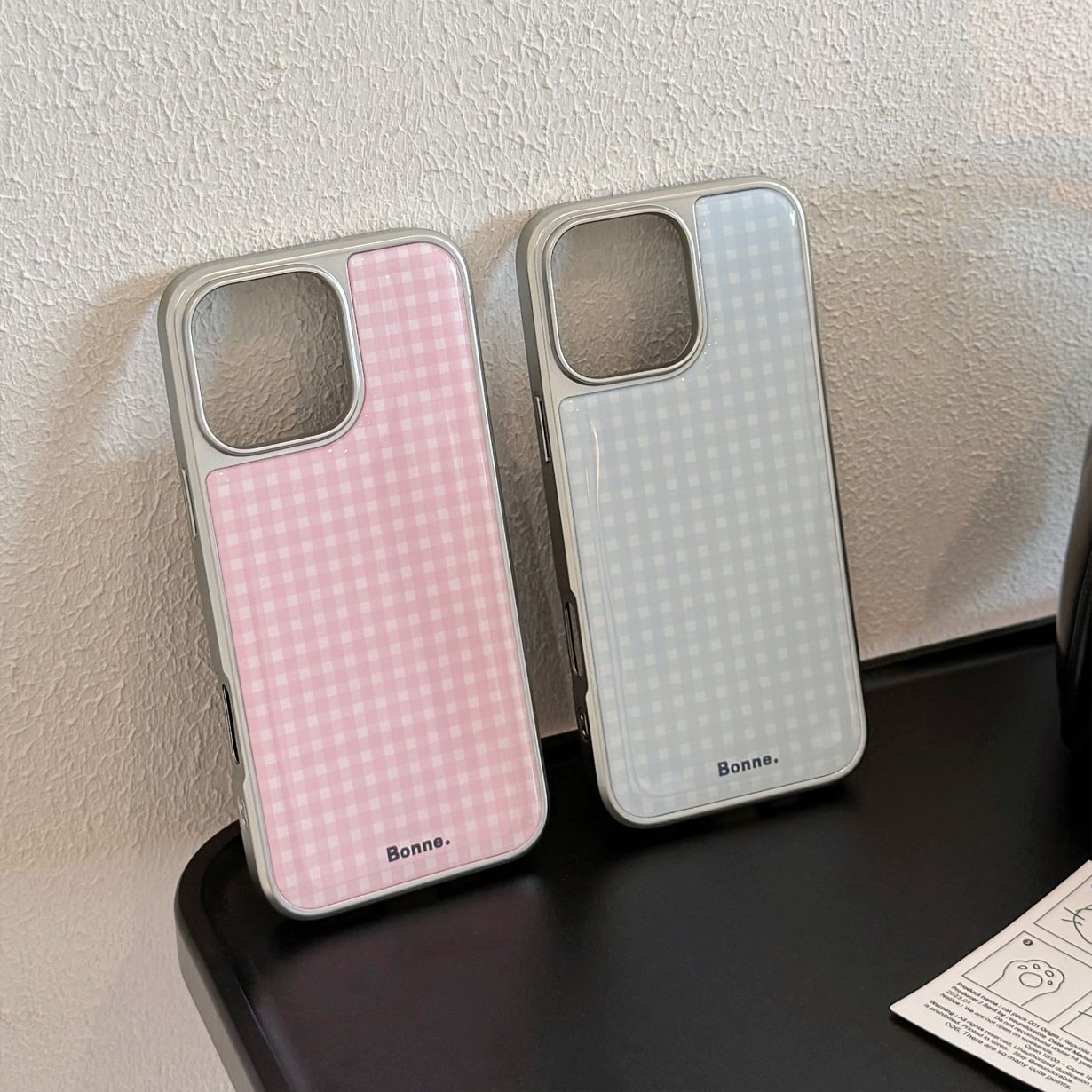 Electroplated Resin Silver Edge Blue Pink Grid iPhone Case