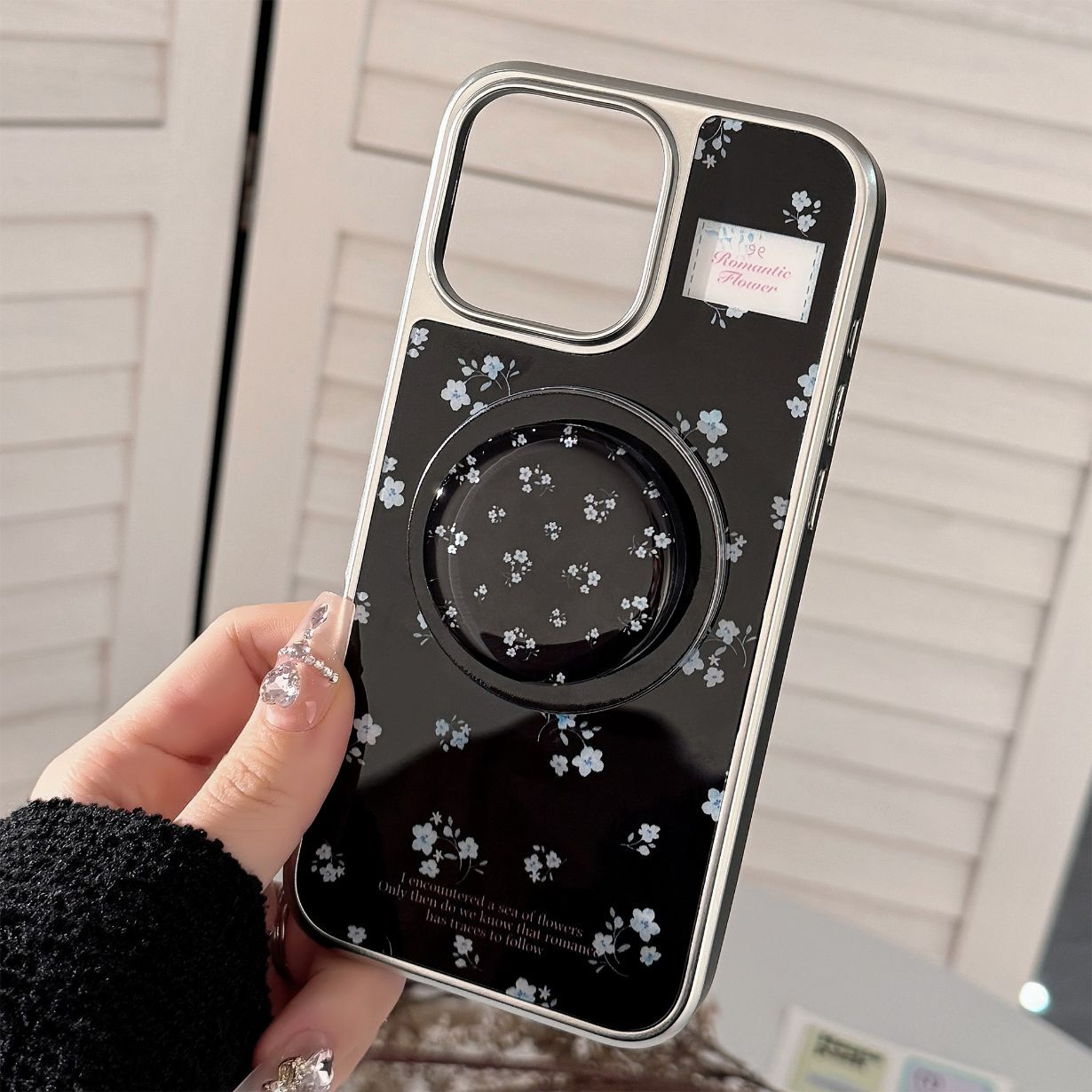 Electroplated Acrylic Silver Edge Magnetic Stand Black Blue Floral iPhone Case