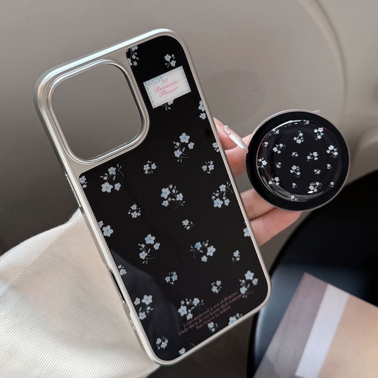 Electroplated Acrylic Silver Edge Magnetic Stand Black Blue Floral iPhone Case