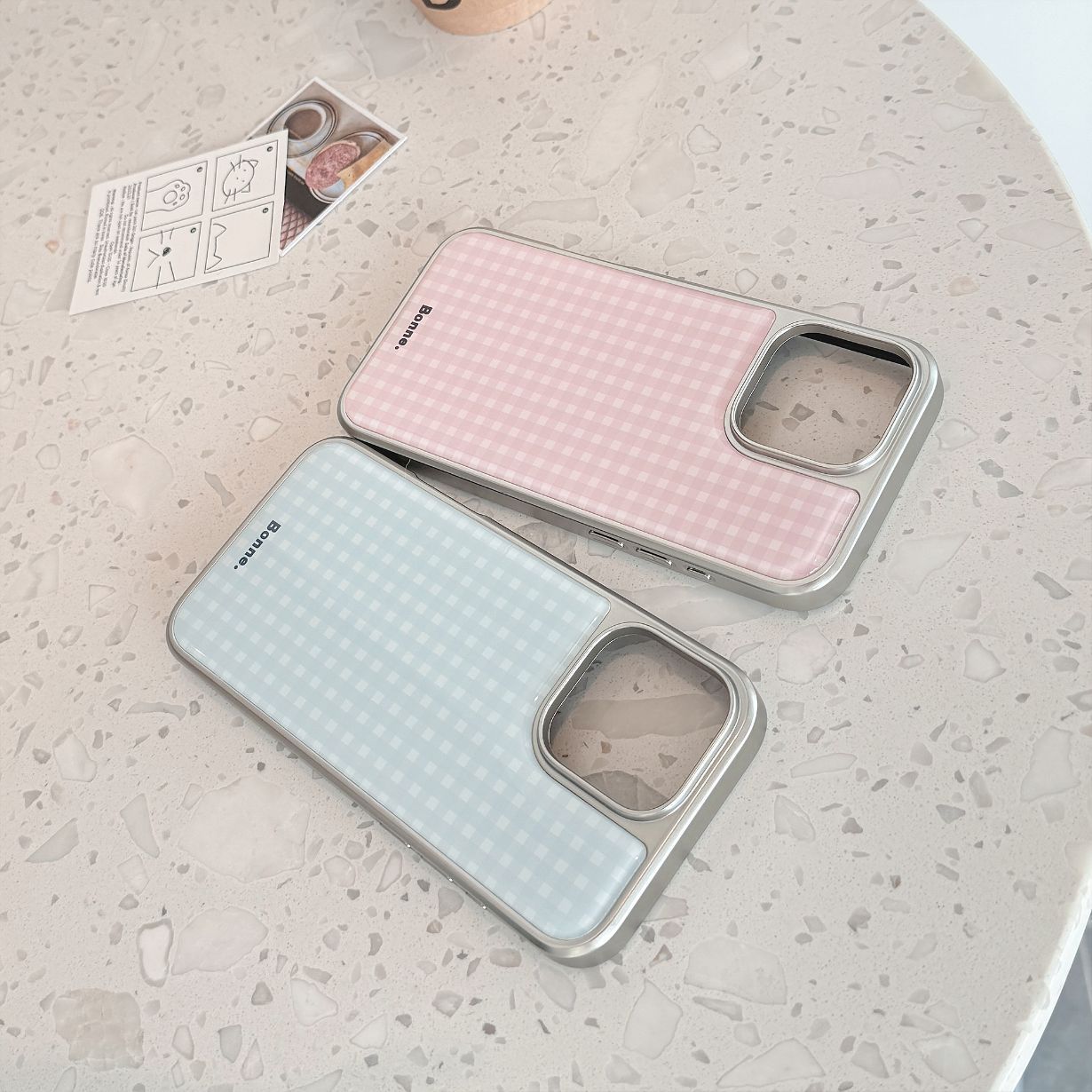 Electroplated Resin Silver Edge Blue Pink Grid iPhone Case