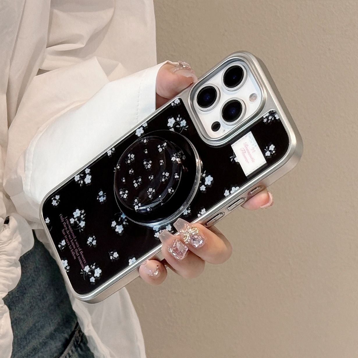 Electroplated Acrylic Silver Edge Magnetic Stand Black Blue Floral iPhone Case