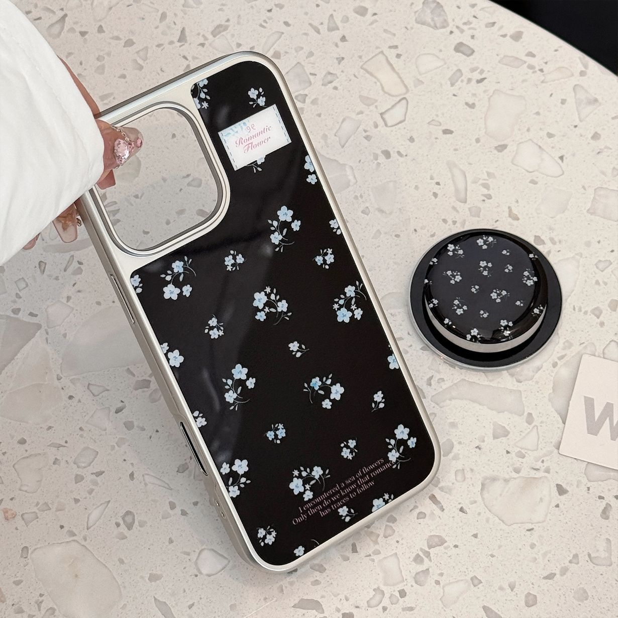 Electroplated Acrylic Silver Edge Magnetic Stand Black Blue Floral iPhone Case