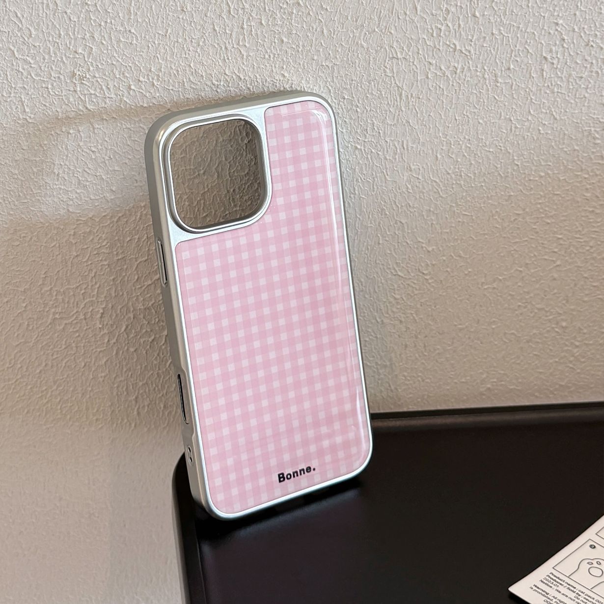 Electroplated Resin Silver Edge Blue Pink Grid iPhone Case