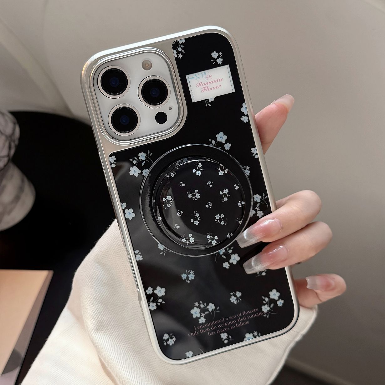 Electroplated Acrylic Silver Edge Magnetic Stand Black Blue Floral iPhone Case