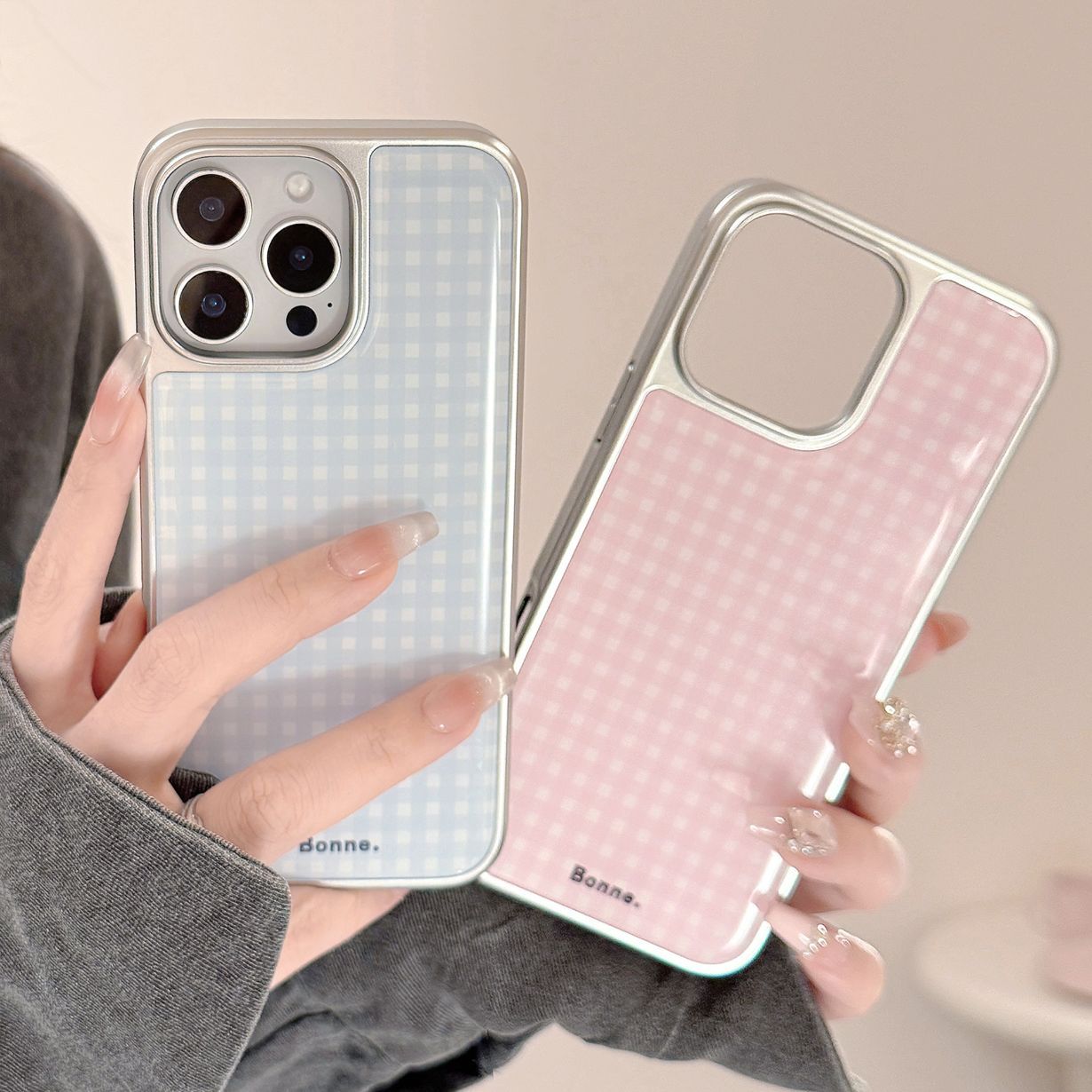 Electroplated Resin Silver Edge Blue Pink Grid iPhone Case