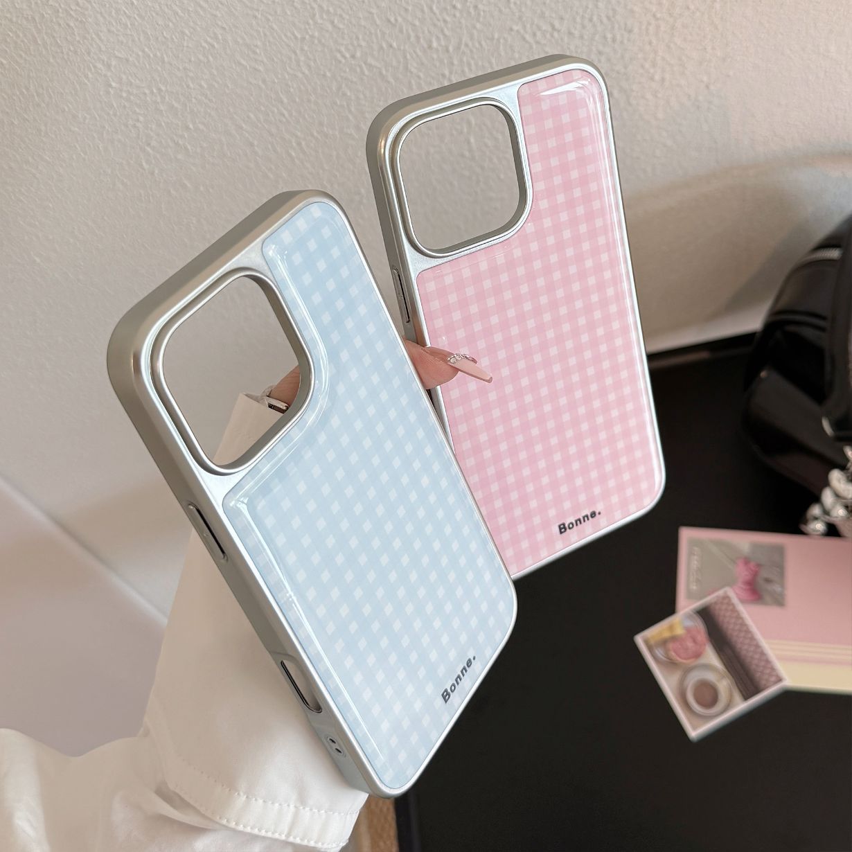 Electroplated Resin Silver Edge Blue Pink Grid iPhone Case