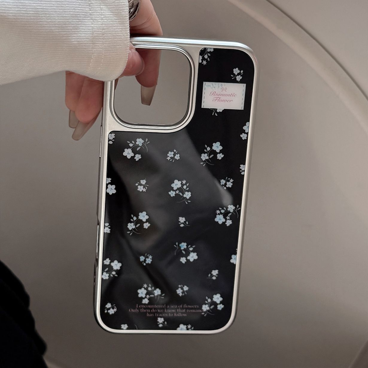 Electroplated Acrylic Silver Edge Magnetic Stand Black Blue Floral iPhone Case