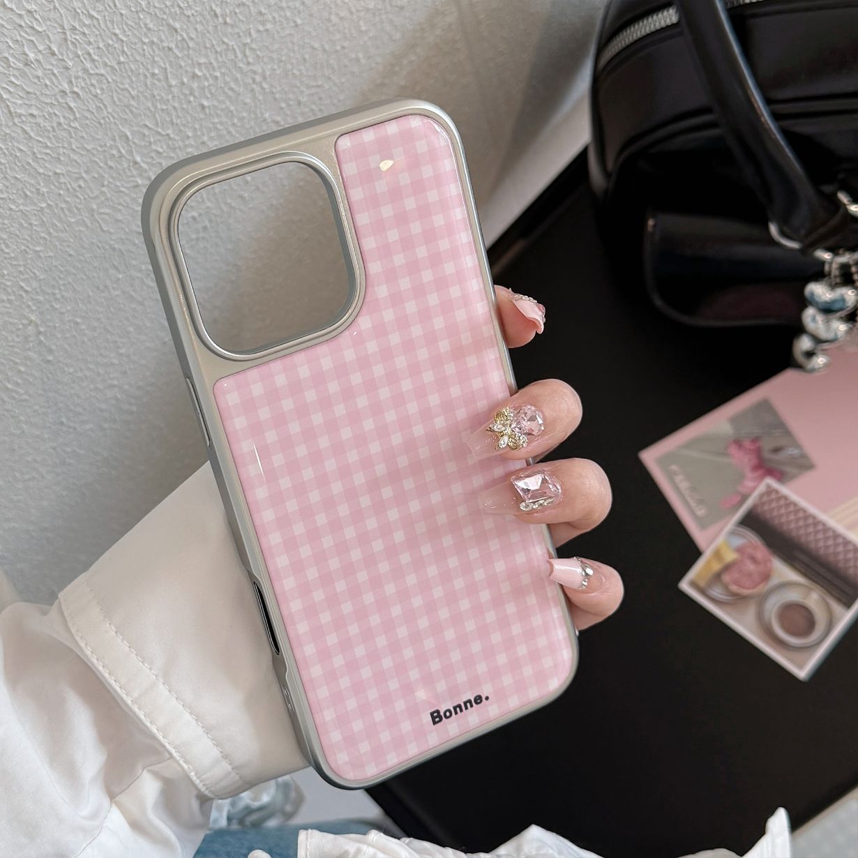 Electroplated Resin Silver Edge Blue Pink Grid iPhone Case