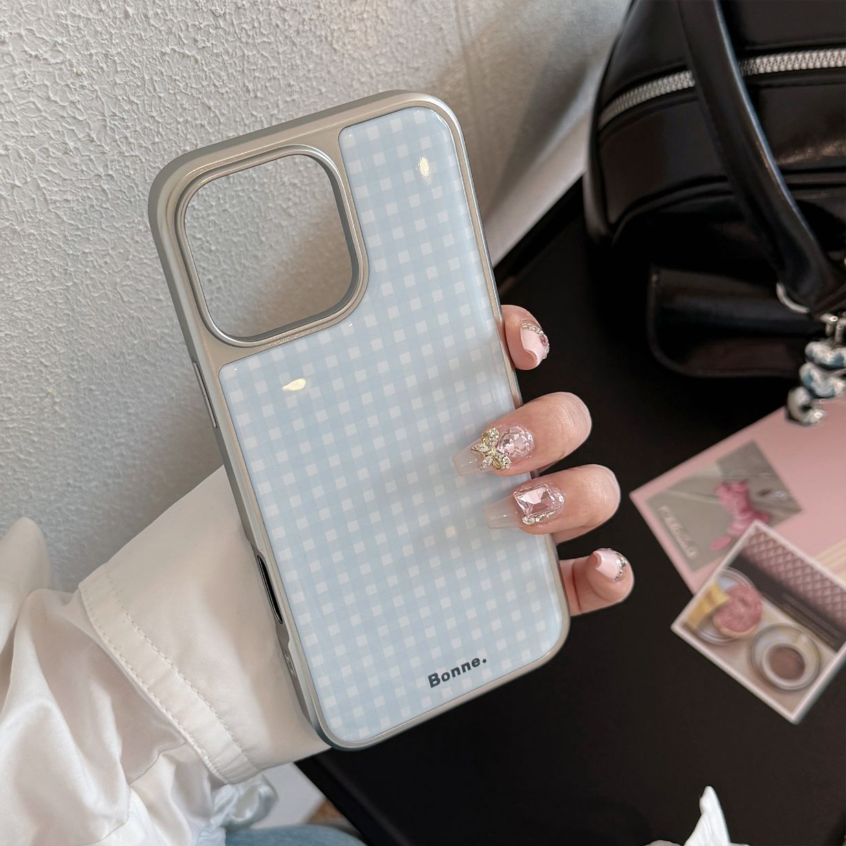 Electroplated Resin Silver Edge Blue Pink Grid iPhone Case