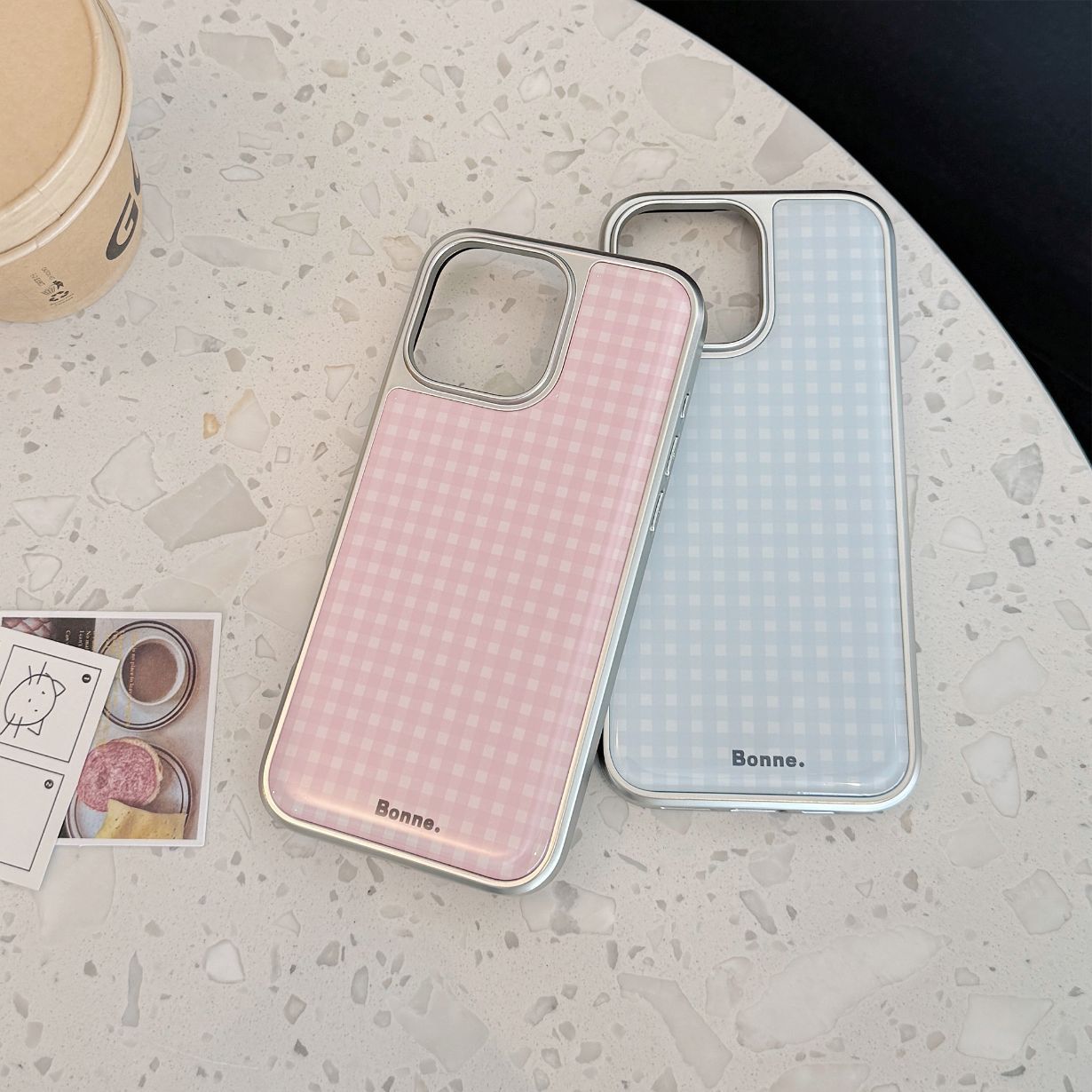 Electroplated Resin Silver Edge Blue Pink Grid iPhone Case