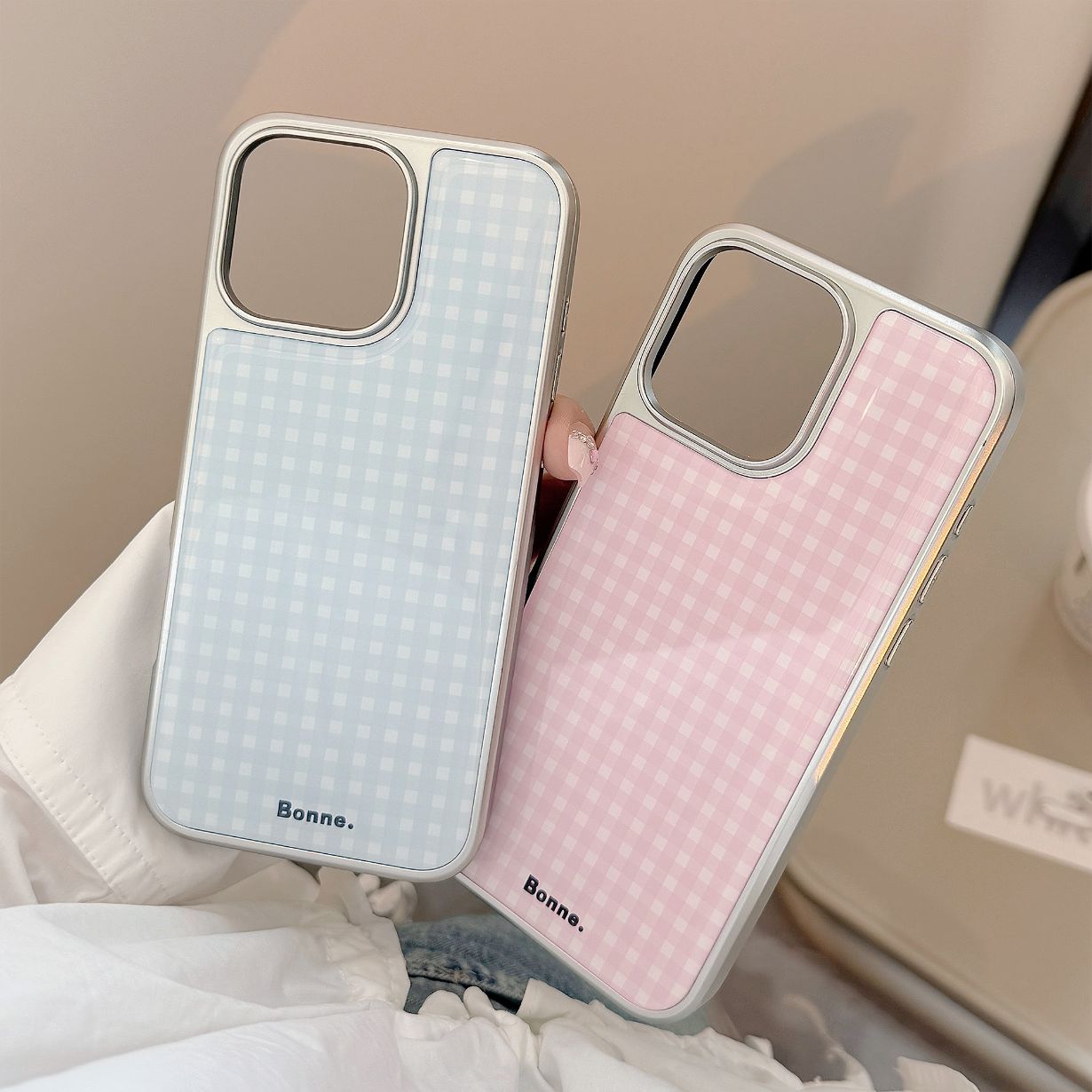 Electroplated Resin Silver Edge Blue Pink Grid iPhone Case