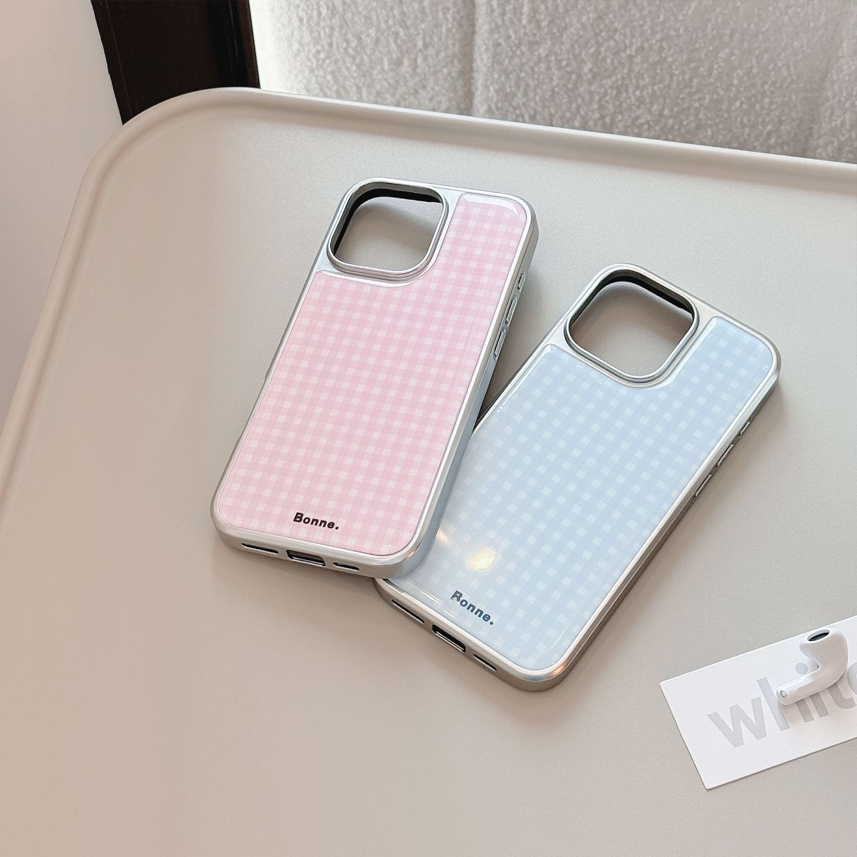 Electroplated Resin Silver Edge Blue Pink Grid iPhone Case