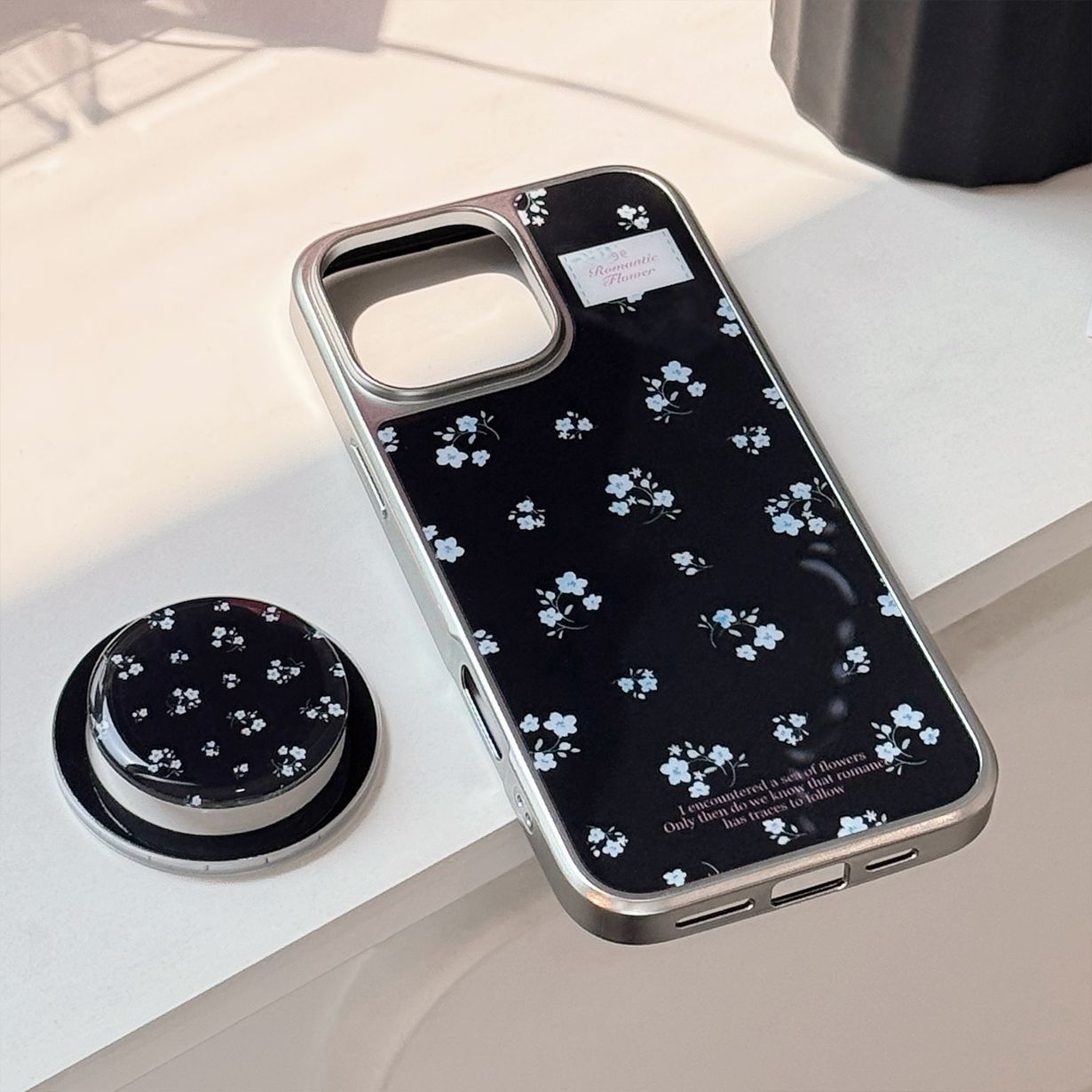 Electroplated Acrylic Silver Edge Magnetic Stand Black Blue Floral iPhone Case