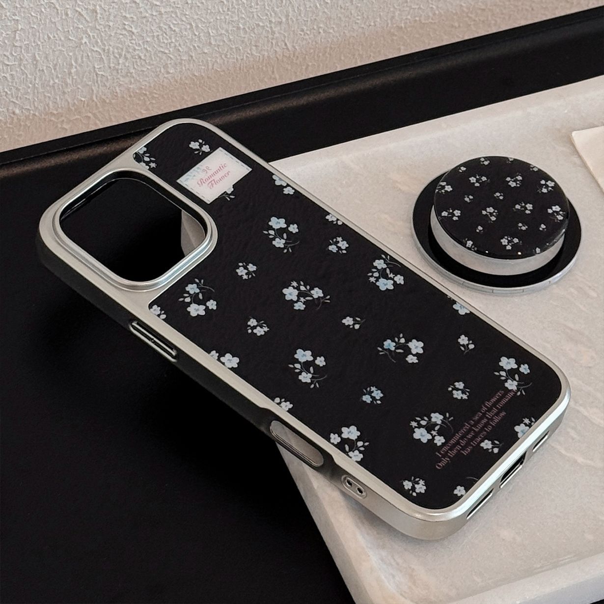 Electroplated Acrylic Silver Edge Magnetic Stand Black Blue Floral iPhone Case