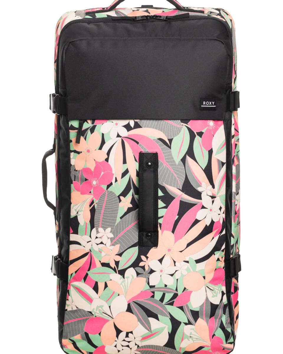 Pink flower pattern on a black and pink travel bag