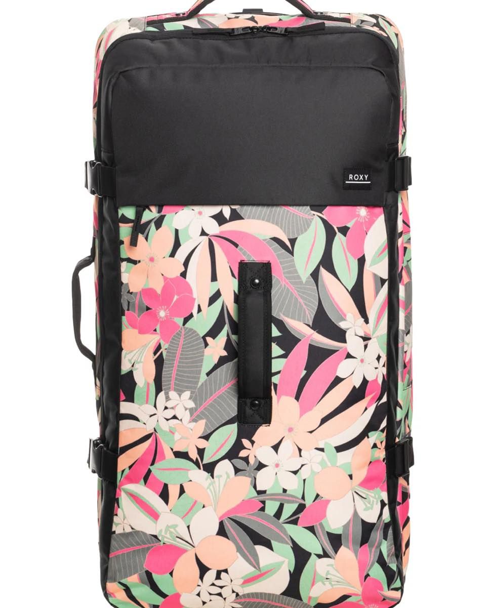 Pink flower pattern on a black and pink travel bag