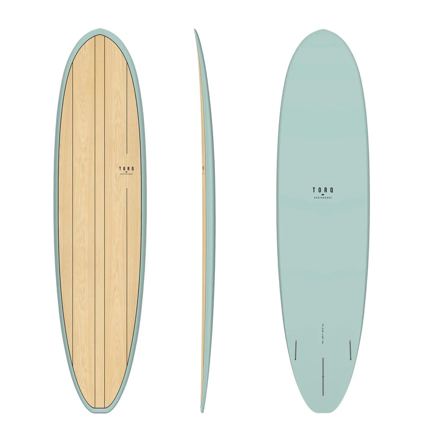 Light blue and wood colour surf board front back and side