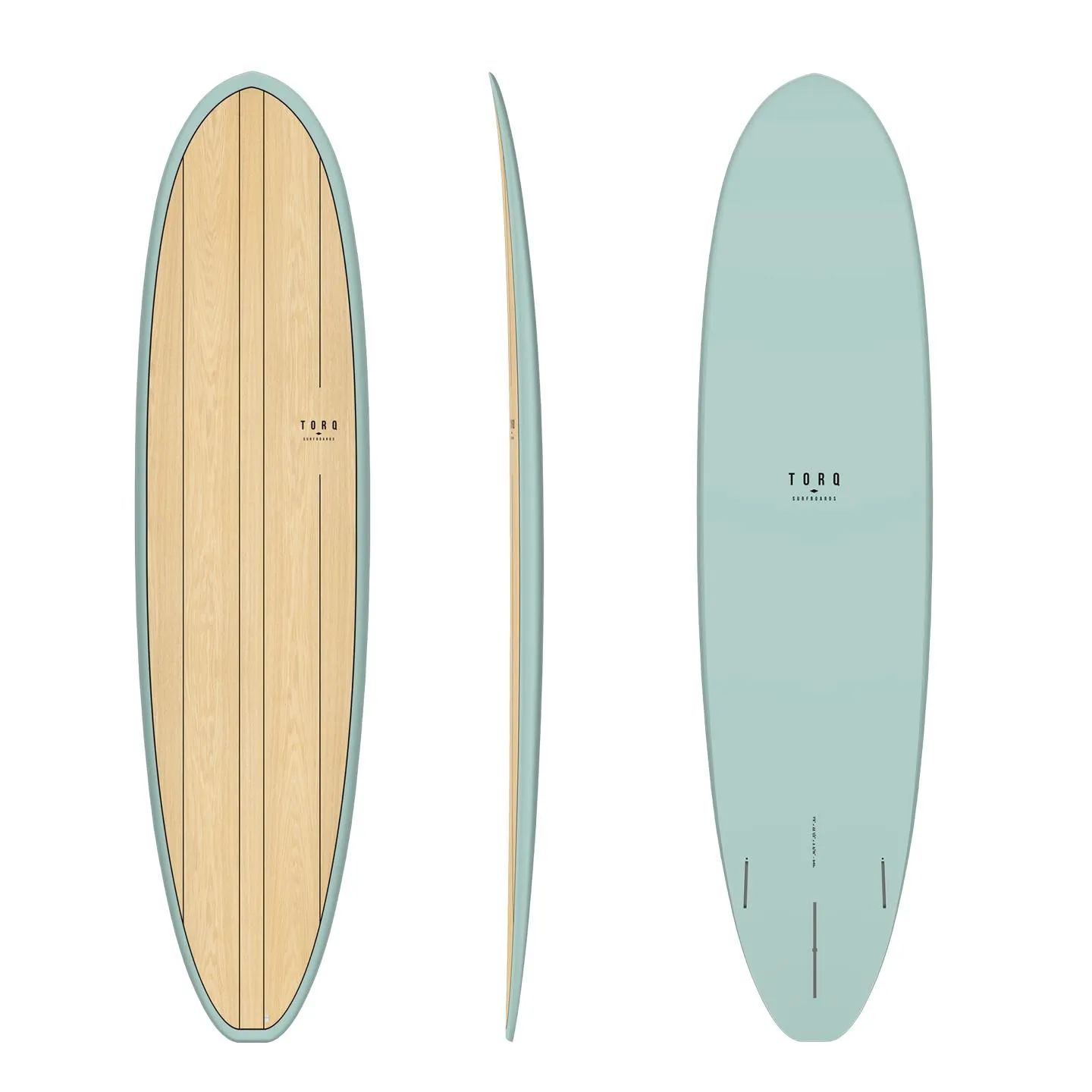 Light blue and wood colour surf board front back and side