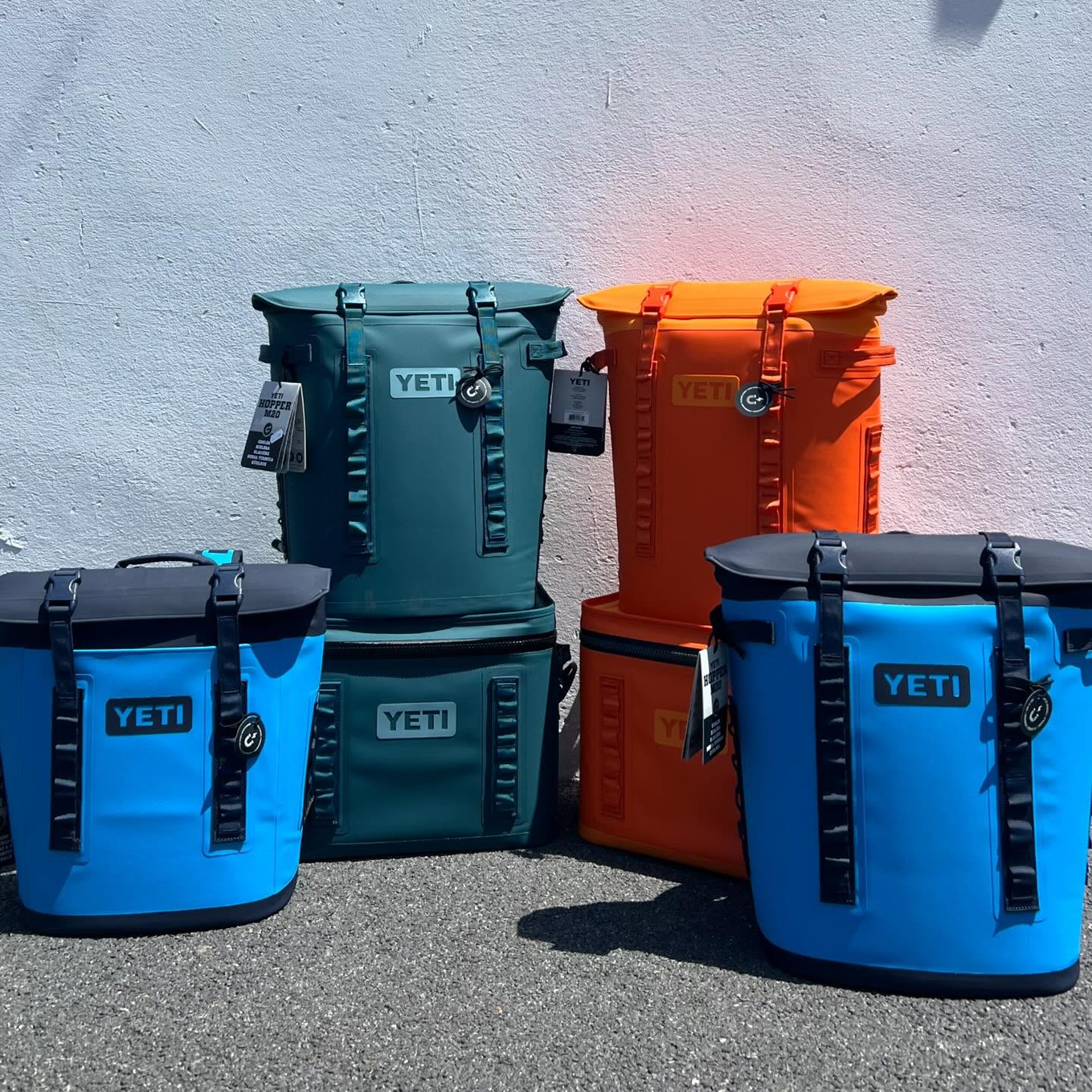 Different coloured yeti cooling bags