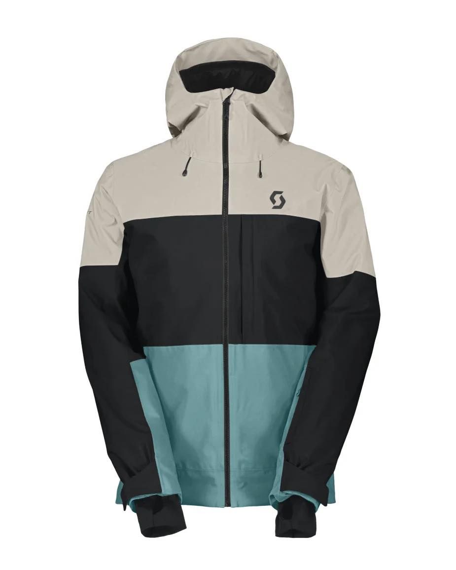 Grey, black and green ski coat
