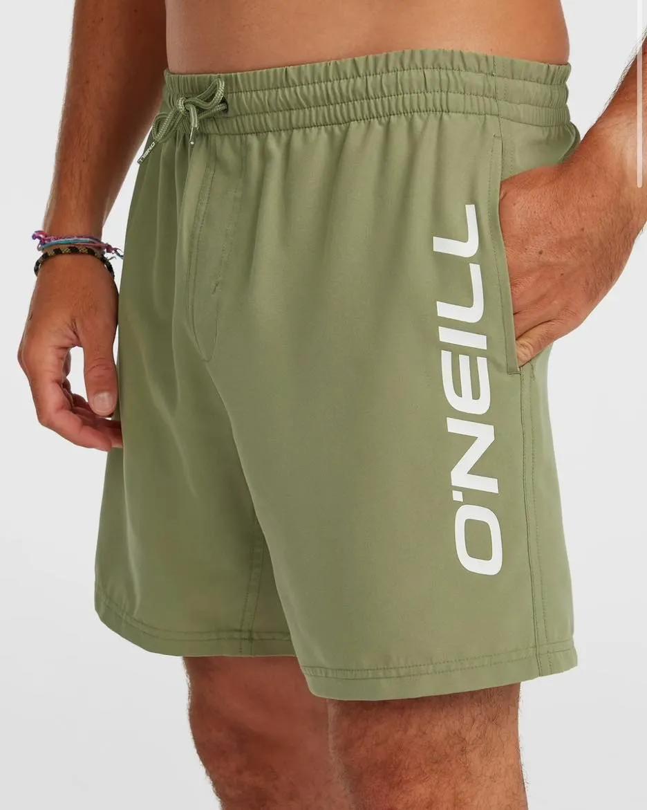 Close up of Khaki green O'Neill shorts with white logo