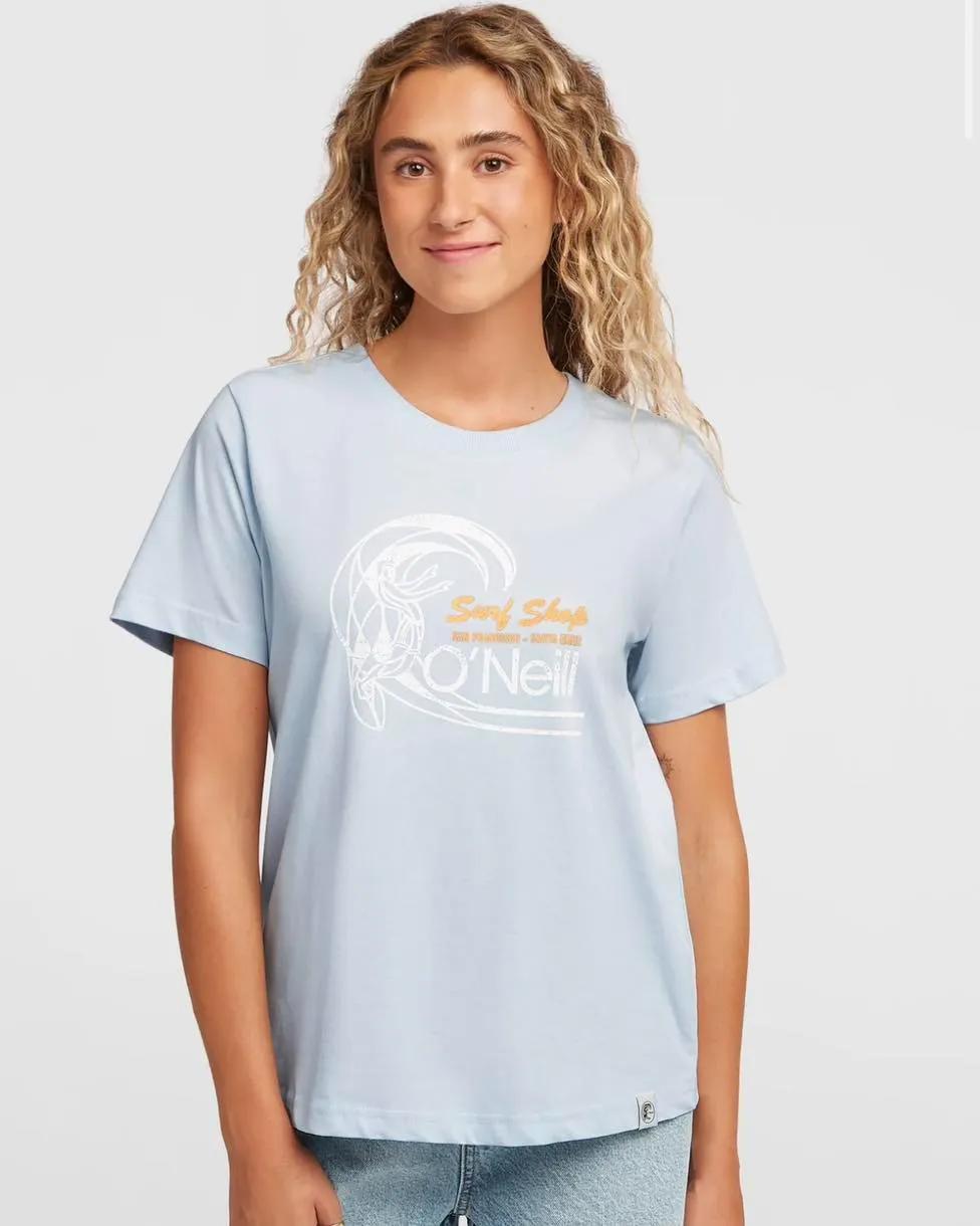 Blonde girl in light blue O'Neill tee