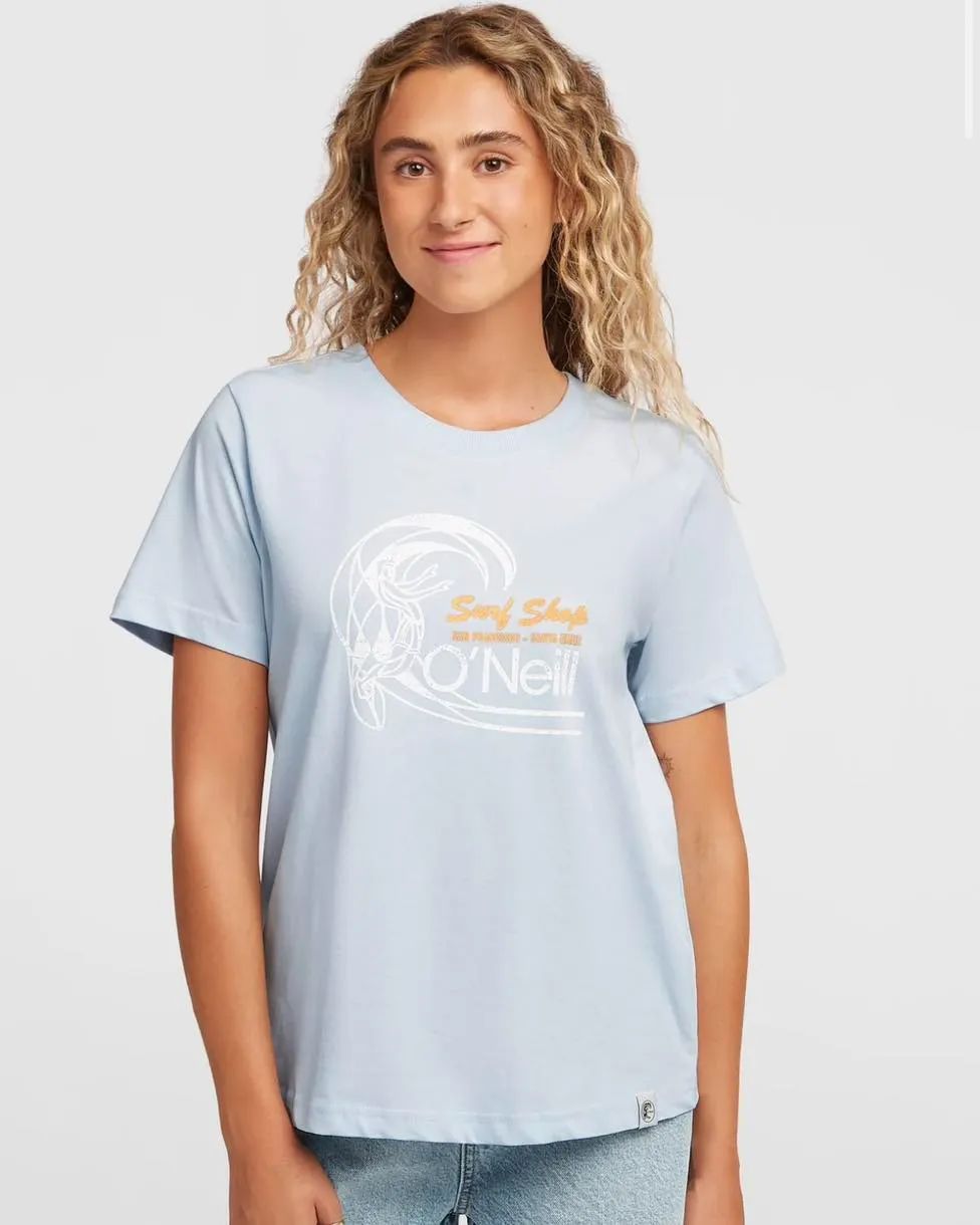 Blonde girl in light blue O'Neill tee