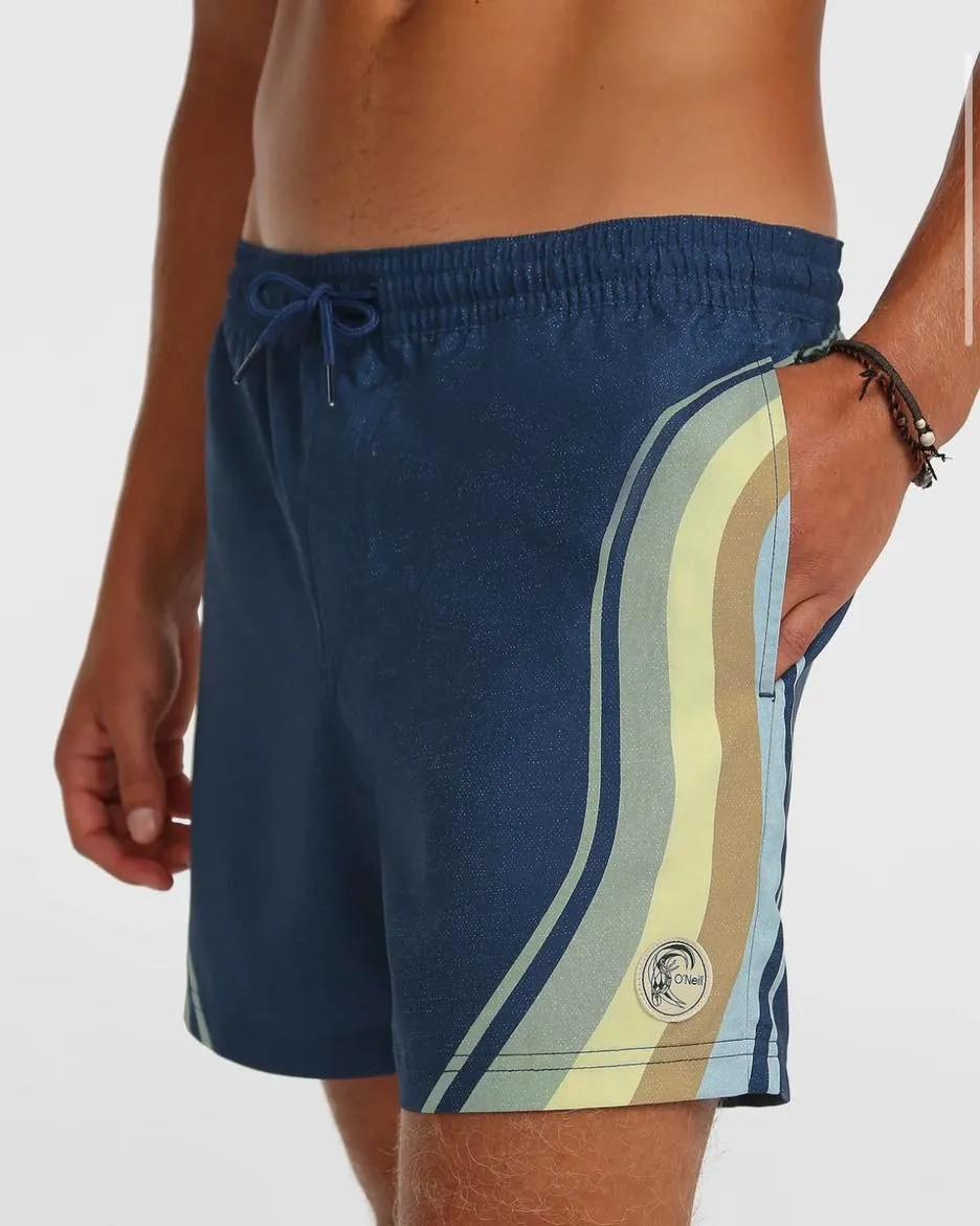 Close up of shirtless man in blue striped O'Neill shorts