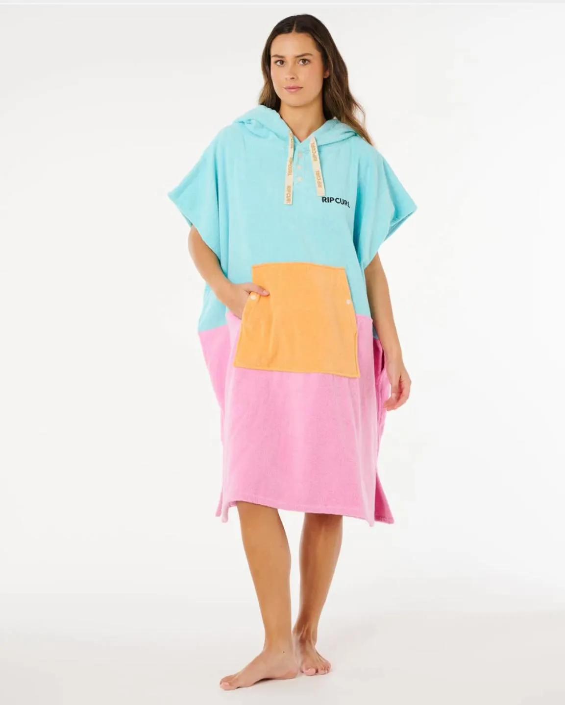 Woman in full length multi coloured towel hoodie