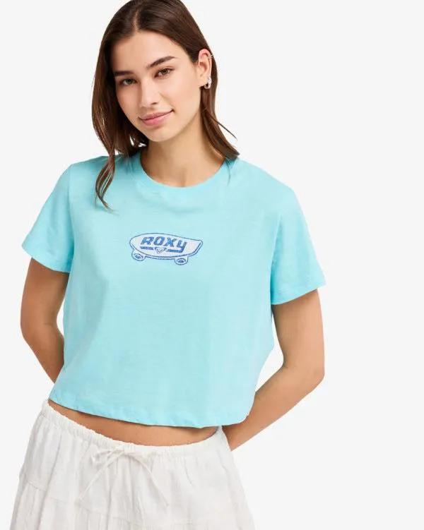 Woman in light blue Roxy tee