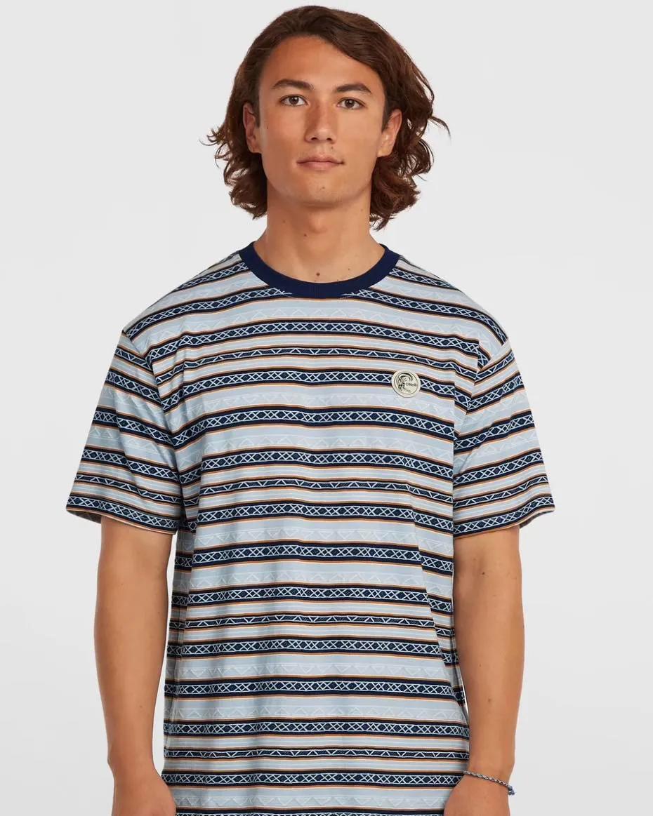 Young man in striped white and navy tee