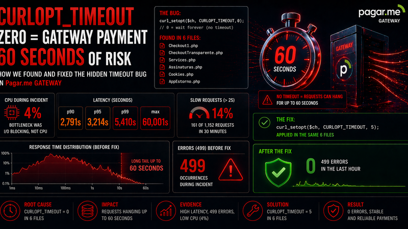 CURLOPT_TIMEOUT = 0 travando gateway Pagar.me por até 60 segundos — latência p99 5,4s, max 60s, fix em 6 arquivos