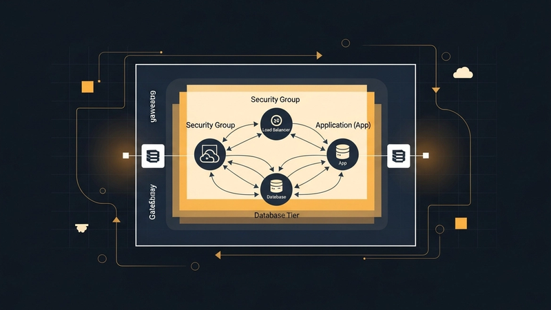 Diagrama de uma rede virtual isolada na nuvem com sub-redes, gateways e grupos de segurança conectando camadas