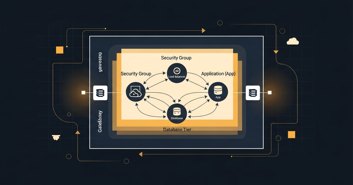 Diagrama de uma rede virtual isolada na nuvem com sub-redes, gateways e grupos de segurança conectando camadas