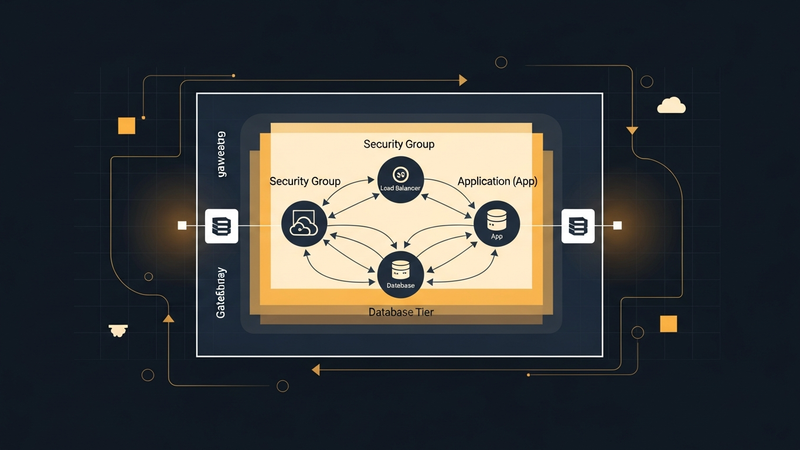 Diagrama de uma rede virtual isolada na nuvem com sub-redes, gateways e grupos de segurança conectando camadas