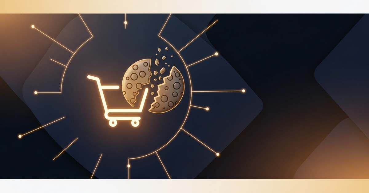 Ilustração de um carrinho de compras vazio e um cookie quebrado em uma rede de borda CDN