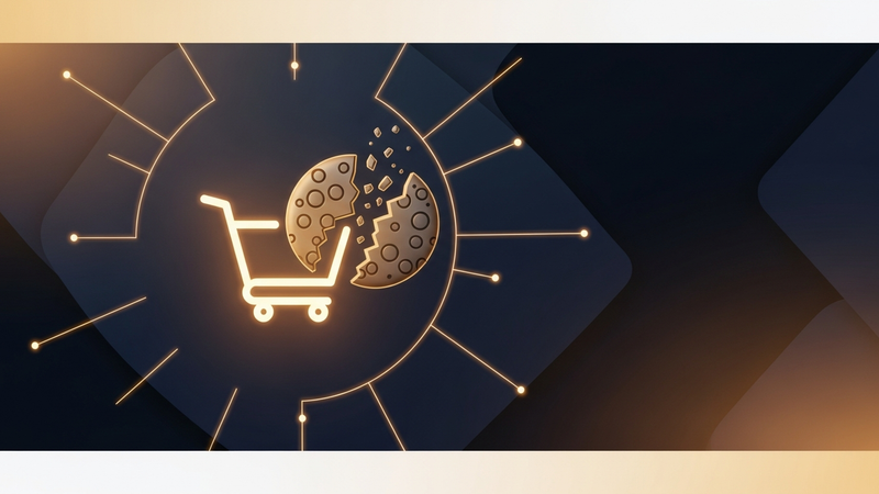 Ilustração de um carrinho de compras vazio e um cookie quebrado em uma rede de borda CDN
