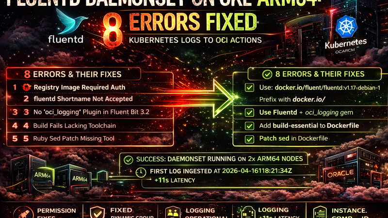Fluentd DaemonSet no OKE ARM64: 8 erros em sequência resolvidos para enviar logs ao OCI Logging