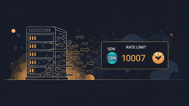 Um servidor reiniciando sob enxurrada de requisições, com um limitador contando o IP errado (o da CDN) em vez do atacante